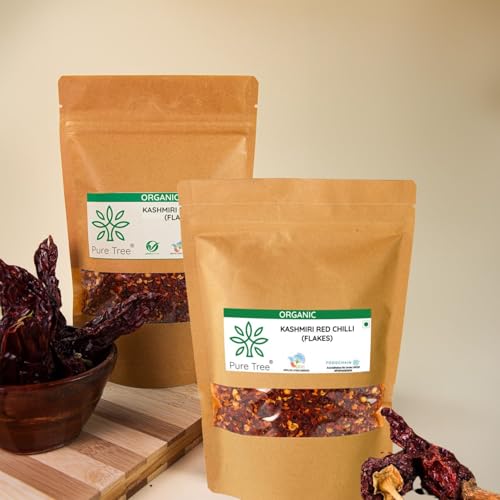 Image of Pure Tree Certified Organic Kashmiri Red Chilli Flakes | 1.8 Kg / 1800 g | Crushed Red Pepper Flakes | Organic Red Pepper Flakes Chili for Seasoning for Pizza & Salad | Dry Kashmiri Red Chilli Flakes