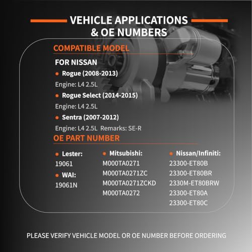 Motor de arranque compatible con Nissan Rogue 2008-2013, Rogue Select 2014-2015, Sentra 2007-2012, L4 2.5L, modelo BT153017 miniatura 3