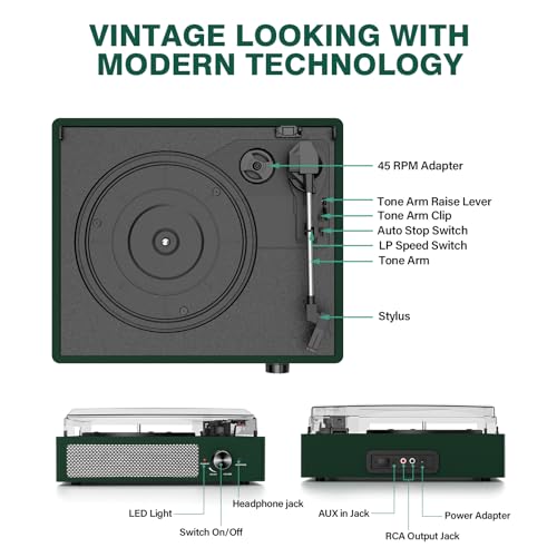 Image of Record Player Bluetooth Turntable with Built-in Speakers & 3 Speed 3 Size Portable Retro Vinyl Record Player for Entertainment and Home Decoration Emerald Green