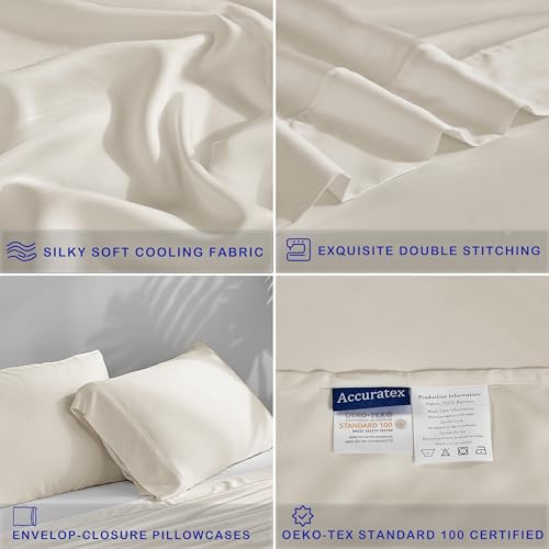 ACCURATEX Cooling Sheets Queen Size - 100% Viscose Made from Bamboo, Luxury Cool Silky Sheet Set for Queen Size Bed, Super Soft Breathable Bedding Sheets up to 16 inches Deep Pockect, Beige