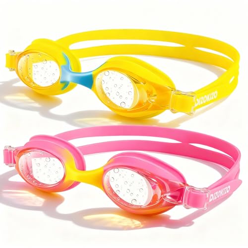 Dizokizo 2 Pack Kids Swim Goggles for Toddlers 6-14(8-12), Anti-Fog UV Protection No Leak Swimming Glasses for Boys Girls (Rose & Yellow)