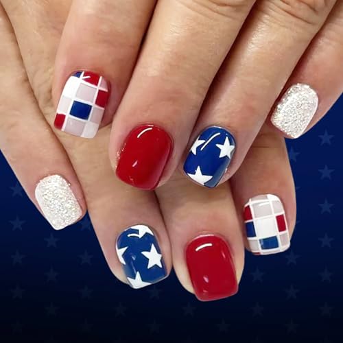 4th of July Press on Nails, Short Square Checkerboard Fake Nails, 250th US Independence Day Star Glitter Patriotic False Nails with Jelly Tabs,Stick on Nails for Women Girls 24Pcs