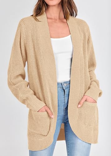 Image of KIRUNDO Cardigan Sweaters for Women 2024 Fall Open Front Long Sleeve Loose Lightweight Knit Sweater Coat with Pockets(Apricot, Large)