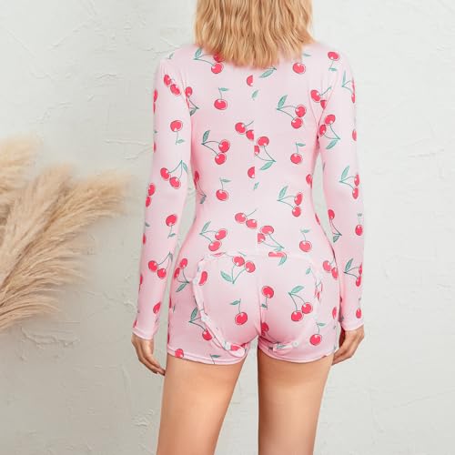 Image of Women's Sexy Deep V Neck Shorts Rompers Long Sleeve One Piece Bodysuit Pajama with Butt Flap Bodycon Sleepwear