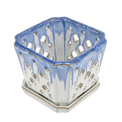Pot à orchidée céramique W&W bleu blanc perforé avec soucoupe - 6