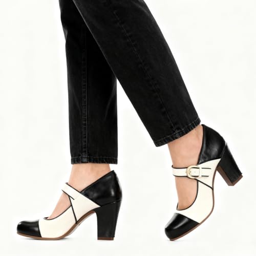 Image of SHODENSE Women Vintage Chunky High Heel Mary Jane Shoes Round Closed Toe Ankle Strap Dress Sandals 3 inch Block Heels Mary Jane Lolita Pumps Two-Toned Patchwork Buckle Office Lady Wedding Retro 4-11 M US