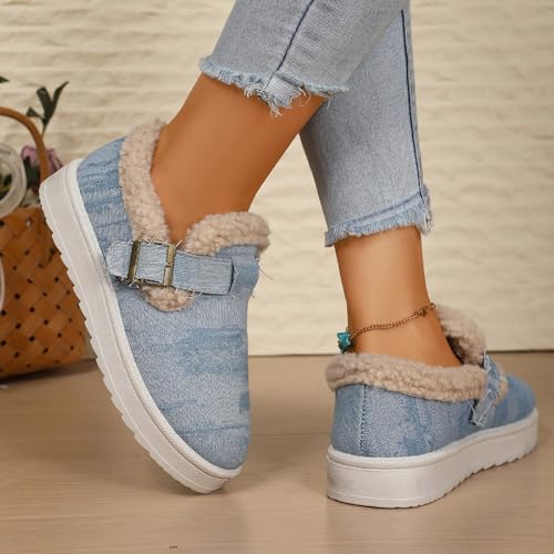 Womens Winter Fluffy Full Slippers Warm Platform Buckle Strap House Slippers Comfy Cotton Fleece Lined Lightweight Loafer Indoor Outdoor Non-Slip Canvas Flat Snow Boots Walking Shoes3