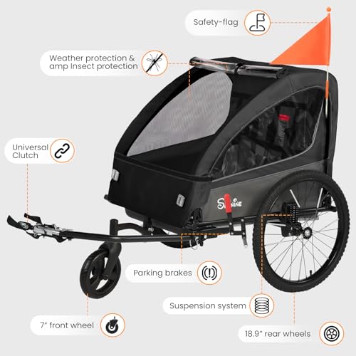 Image of Sepnine 2-in-1 Kids Bike Trailer and Stroller with Suspension - Bike Trailer for 1 to 2 Children, Jogging Function, Foldable, 5-Point Harness, Spacious Storage, with Bug Screen and Weather Shield