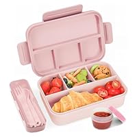 Bugucat Leak-Proof Bento Box with 4 Compartments, Kids & Adult Lunch Box with Cutlery, Snack Boxes for School, Kindergarten, Office - Pink, 1300ML