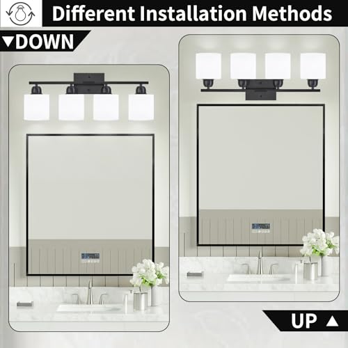 Image of 4-Light Black Bathroom Vanity Light, Light Fixtures with Milky White Frosted Glass Shades, Black Vanity Light for Bathroom Mirror, Bedroom, Living Room, Vanity Table, E26 Base