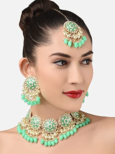 Image of ZAVERI PEARLS Green Meenakari Choker Necklace Earring Maangtikka & Ring Set For Women-ZPFK11606