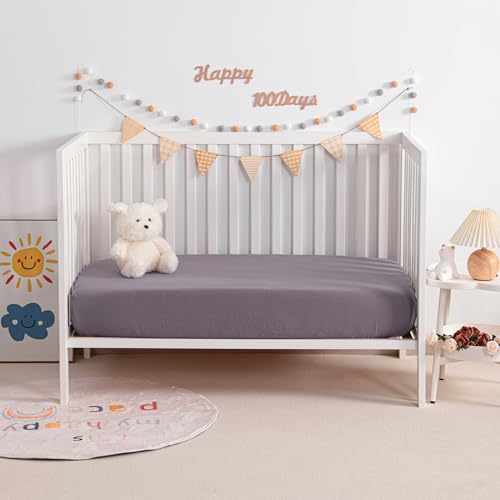 Image of NTBAY 2 Pack Muslin Cotton Crib Sheets, Soft and Breathable Double Layer 28x52 Baby Crib Sheets for Standard Crib and Toddler Mattresses, Boys, Girls, Unisex, Greyish Purple, 28x52 Inches