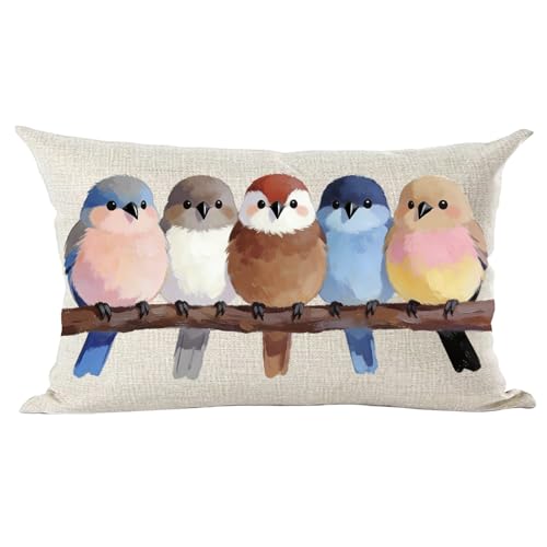 Ramirar Ink Oil Painting Watercolor Blue Brown Lovely Birds Spring Summer Decorative Lumbar Throw Pillow Cover Case Cushion Home Living Room Bed Sofa Car Cotton Linen Rectangular 12 x 20 Inches
