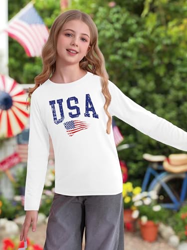 Image of Ithalt 4th of July Outfit Kids Girls American T Shirt USA T-Shirt Fourth of July Tops Patriotic Long Sleeve Tops