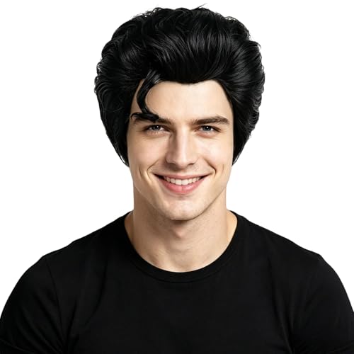 Wallden Hair Mens Black Costume Wigs for Halloween Cosplay Party Super Funny Man Wig Short Layered Black Heat Resistant Synthetic Adult Wig