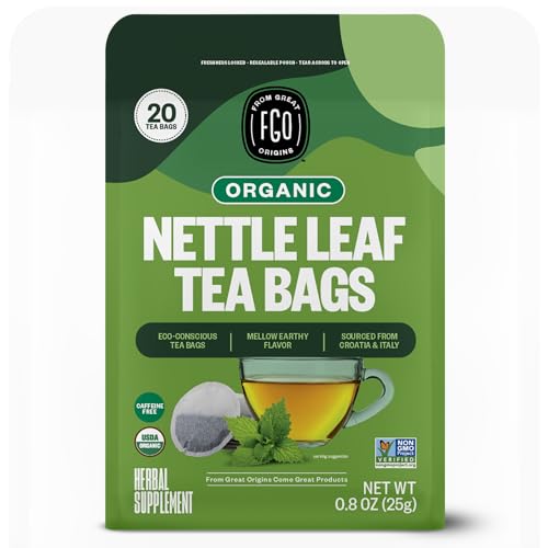 Image of FGO Organic Nettle Leaf Herbal Tea, 20 Count, Eco-Conscious Tea Bags, Caffeine Free, Resealable Bag, Packaging May Vary (Pack of 1)