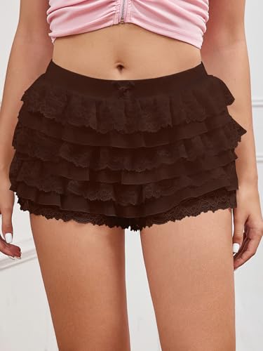 Image of Women Y2K Lace Multi-Layered Bloomers Lolita Ruffle Shorts Cute Mini Skirt | Tiered layers, elastic waist, pumpkin pants, for rave party /country concert /festival