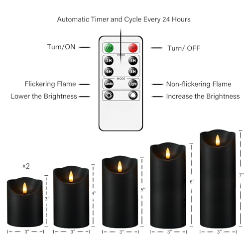 Image of Fo32won Flameless Flickering Candles with Remote Timer, Set of 6 Led Black Battery Operated Candles for Home Decor Xmas Halloween (D3 x H3 3 inch 4 inch 5 inch 6 inch 7 inch)