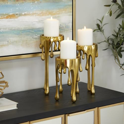 Image of ZOVE Luxurious Gold Drip Design Aluminium Metal Candle Holder Set (Set of 3) - Modern Decorative Stand for Pillar Candles | Home, Living Room & Table Decor