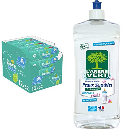 Pampers Lingettes Bébé Fresh Clean, 624 Lingettes, Sans Alcool, Parfum Rafraîchissant, Aussi Pour Les Mains Et Le Visage & L'Arbre Vert Liquide Vaisselle Peaux Sensibles Biberons 750 ml
