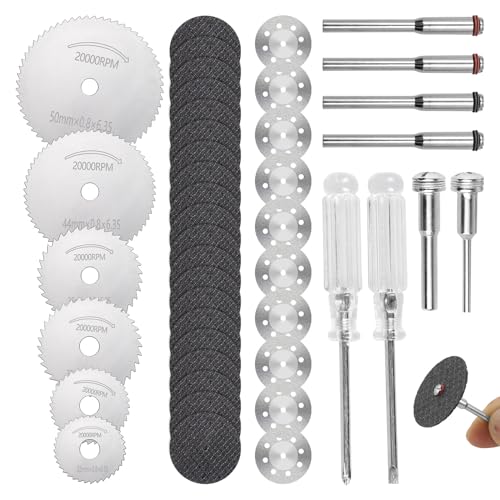 44PCS Rotary Tool Cut Off Wheel Set,Reinforced Fiberglass Cutting, 402 Mandrels Diamond, Resin, and HSS Blades for Cutting Wood, Stone, Metal,With screwdriver