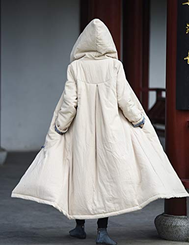 Lzjn Women's Warm Cotton Coat Hooded Contrast Color Handmade Frog Buttons Retro Witch Long Outerwear (Linen, One Size) #TOP6