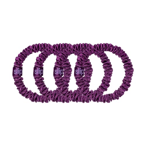 Image of Slip Silk Hair Ties - Skinny Silk Dark Purple Scrunchies, No Damage, No Crease, Anti-Breakage |100% Mulberry Silk | All Hair Types | Made with Proprietary Slipsilk | Set of 4