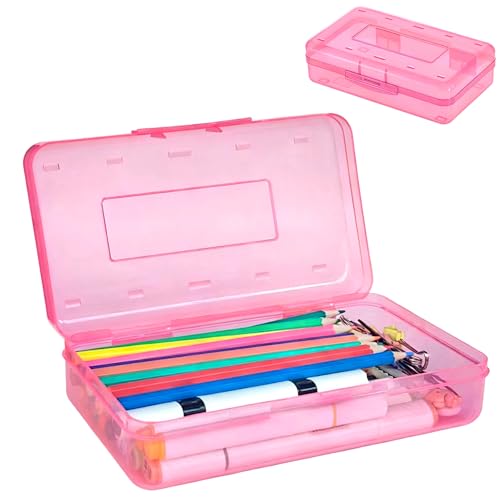 ZYLOP Pencil Box Large Capacity Clear Plastic Pencil Case with Snap-tight Lid Hard Shell Office Supply Organizer Stackable Crayon Box for Pens Markers & Art Supplies Pink (1 Pack)