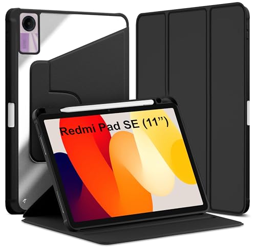 Image of TGK Rotating Case for Redmi Pad SE 11 inch with Pencil Holder 360 Degree Rotation Protective Trifold Stand Cover Clear Back (Black)
