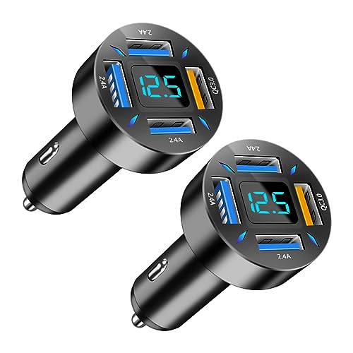 Ankuee 4 Ports USB Car Charger, 66W Super Fast Charging with QC 3.0, PD 20W and USB 2.4A Charger Adapter, Quick Charge with LED Voltmeter, Auto Cigarette Lighter Plug (QC3.0, 2PCS)