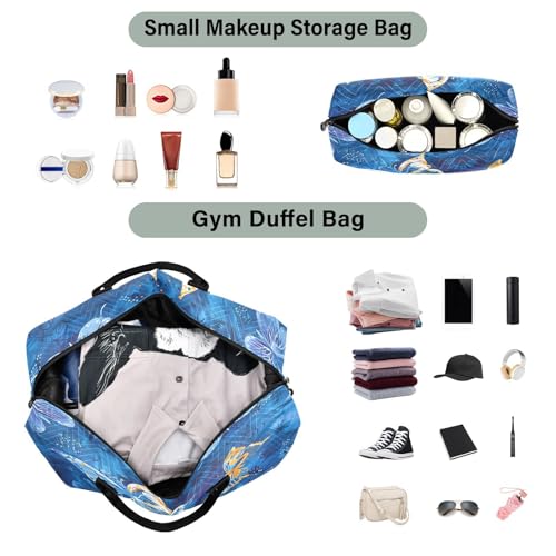 Butterfly Painting Blue Large Travel Duffle Bag Weekender Overnight Bags Gym Yoga Bag for Women Men with Toiletry Bag4