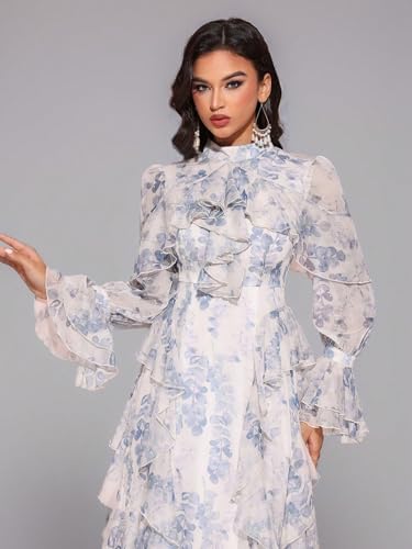 Image of TOLEEN Summer Casual Dresses for Women 2024 Spring Fashion Boho V Neck Long Sleeve Ruffle Floral Print Elegant Maxi Dress