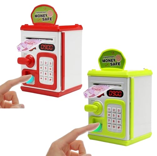 ADM Household Toys | Durable Savings Bank with Electronic Lock & Fingerprint Sensor, Music and Battery Operated, Money Safe ATM Kids, Automatic Door Open (Red) (Pack of 2)
