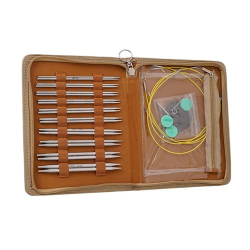 Aiguilles à tricoter circulaires interchangeables acier 10 paires avec pochette cuir rangement
