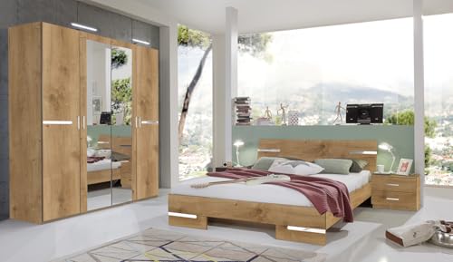 PEGANE Chambre à Coucher complète Adulte (lit 160x200 cm + 2 chevets + Armoire), Coloris Imitation chêne Poutre/Chrome Brillant