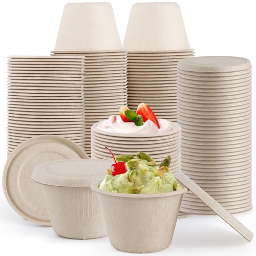 Vyndicca 100 Pack Natural Bagasse Fiber Bowls with Lids, 4 Oz Condiment Cup