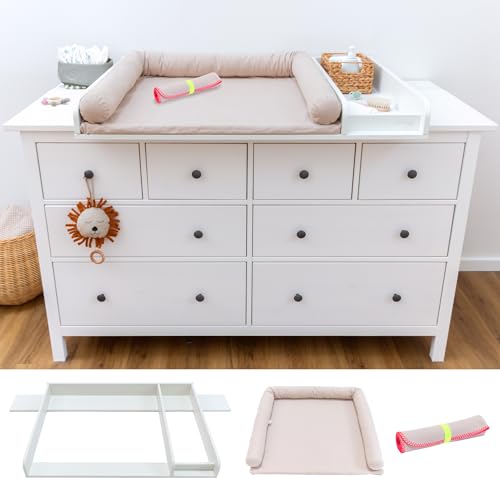 LIMMALAND Wickelaufsatz Set für IKEA HEMNES mit Aufsatz Wickelauflage & Umrandung aus 100% Baumwolle (Pure Beige 160 cm Aufsatz Auflage & Unterlage)