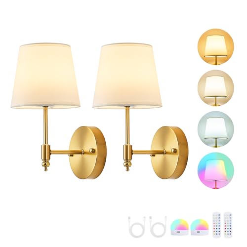 Image of Battery Operated Wall Sconce Set of 2,Gold Wireless Wall Light with Remote Control,RGB Dimmable Wall Sconces Set of Two 15 Colors,Rechargeable Bulbs Cordless Lamp for Bedroom Living Room
