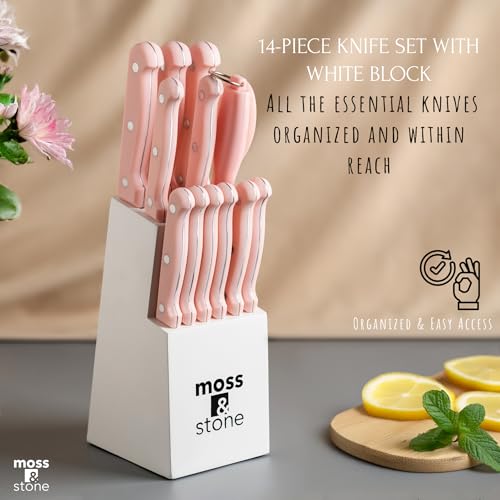 Image of Moss & Stone Pink 14 Pcs Kitchen Knife Set with Block, Stainless Steel