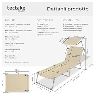 tectake® Set 2X Lettino Pieghevole, Lettini Prendisole Pieghevoli Sdraio con Parasole, Schienale Regolabile 4 Posizioni, Rivestimento Resistente, Giardino Spiaggia Lettini Prendisole Mare - Beige