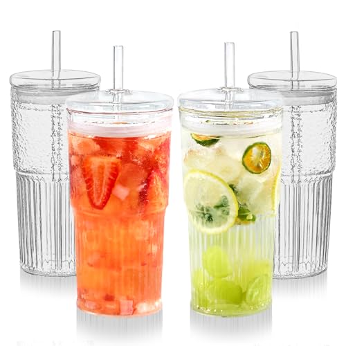 Puraville 20oz Glass Cups with Lids & Straws, 4 Pack