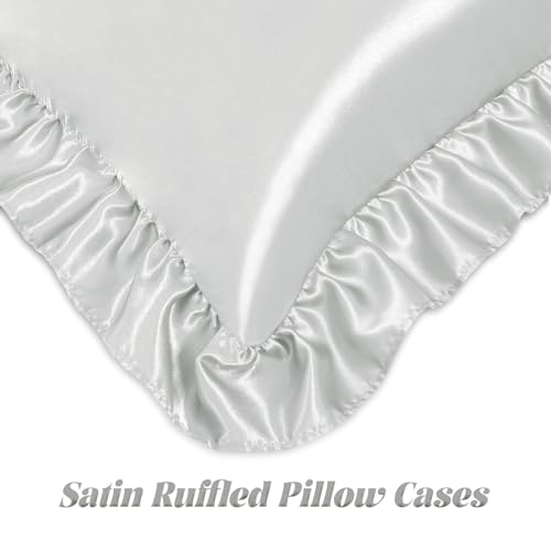 Image of Homiest Light Grey King Ruffle Pillowcase & Satin Fitted Sheet Set 3Pcs | Silky Satin Protects Hair And Skin, 15-Inch Deep Pocket, Pearlescent Soft Calming Tone, Easy Machine Wash Care