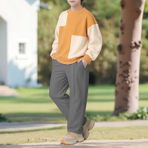 Kids Sweatpants Boys Straight Leg Open Bottom Pleated Uniform Pants Elastic Waist Athletic Joggers Sweat Pants with Pockets3