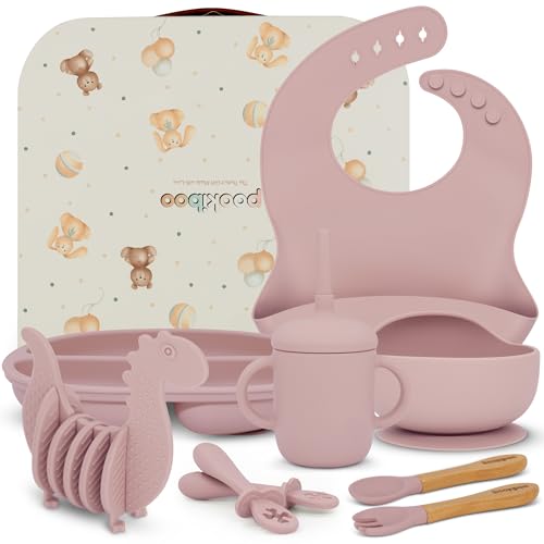 Image of Baby Gift Basket for Girls, Boys, Gender Neutral, Baby Shower, Gender Reveal, Newborn, First Birthday - Beautiful Unique Baby Gift Set - 8 Piece Premium Silicone Feeding Set plus Toy Teether (PINK)