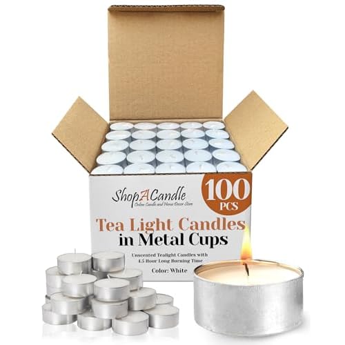 100 Pack Tealight Candles in Metal Cups – Clean, White Unscented with 4.5 Hour Long Burning Time – Votive Candles Bulk for Romantic Dinner, Weddings, Spa & Hotels by PARNOO