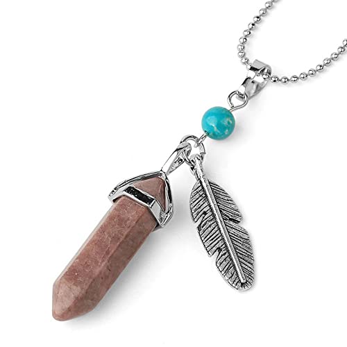 Collier en pierre naturelle rhodochrosite et plume sculptée main
