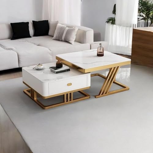 Image of EXPRESSOW Modern Nesting Coffee Table Set, Marble Finish, Storage Drawer, Tipai Table for Living Room Metal Frame, Set of 2 (Gold White)