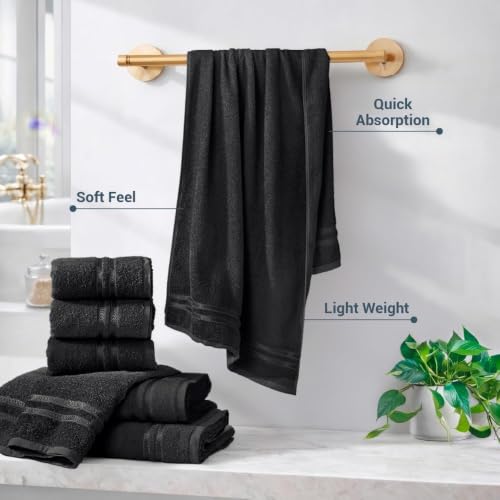 Image of 100% Cotton Terry Ultrasoft and Quick Absorbent 380 GSM Solid 6 pcs. Quick Dry Bath Towel Set for Bathroom or Gifting Towel Set (Black)