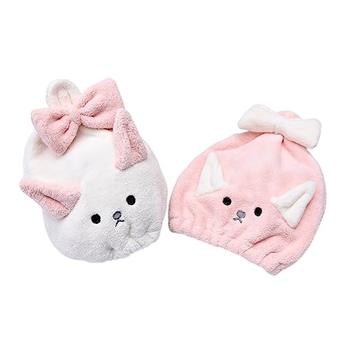 FRCOLOR 2pcs Cartoon Hair Drying Cap Fast Drying Water Absorbent Shower Cap with Bowknot Soft Coral Fleece for Women for Home Gym and Travel White Pink