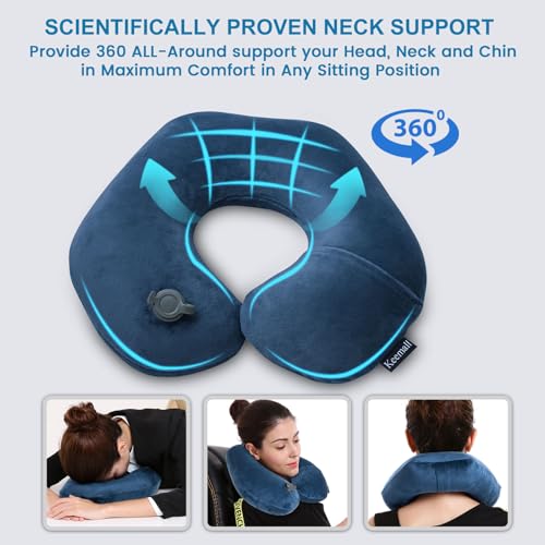 Image of Keemall Inflatable Neck Pillow - Comfortable Velvet U-Shape Travel Pillow for Airplane, Train & Car Journeys, Lightweight with Soft Washable Cover, Travel Essential